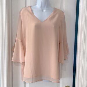 Calvin Klein Dusty Pink V Neck Chiffon Long Tiered Ruffle Sleeve Top Sma…